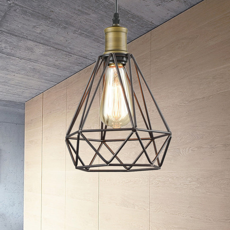 Diamond Cage Pendant Light in Retro Style- Brass/Antique for Living Room