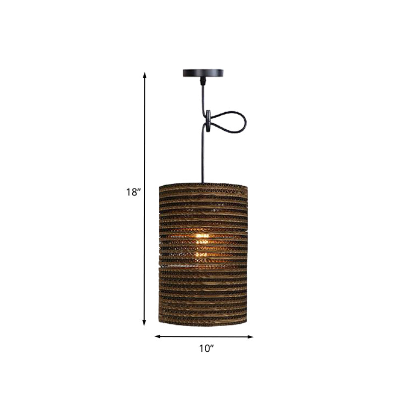 Corrugated Paper Hanging Lamp - Asian Style with Brown High Waist Shade - Restaurant Pendant Light