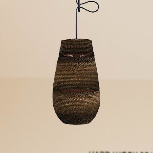 Corrugated Paper Hanging Lamp - Asian Style with Brown High Waist Shade - Restaurant Pendant Light