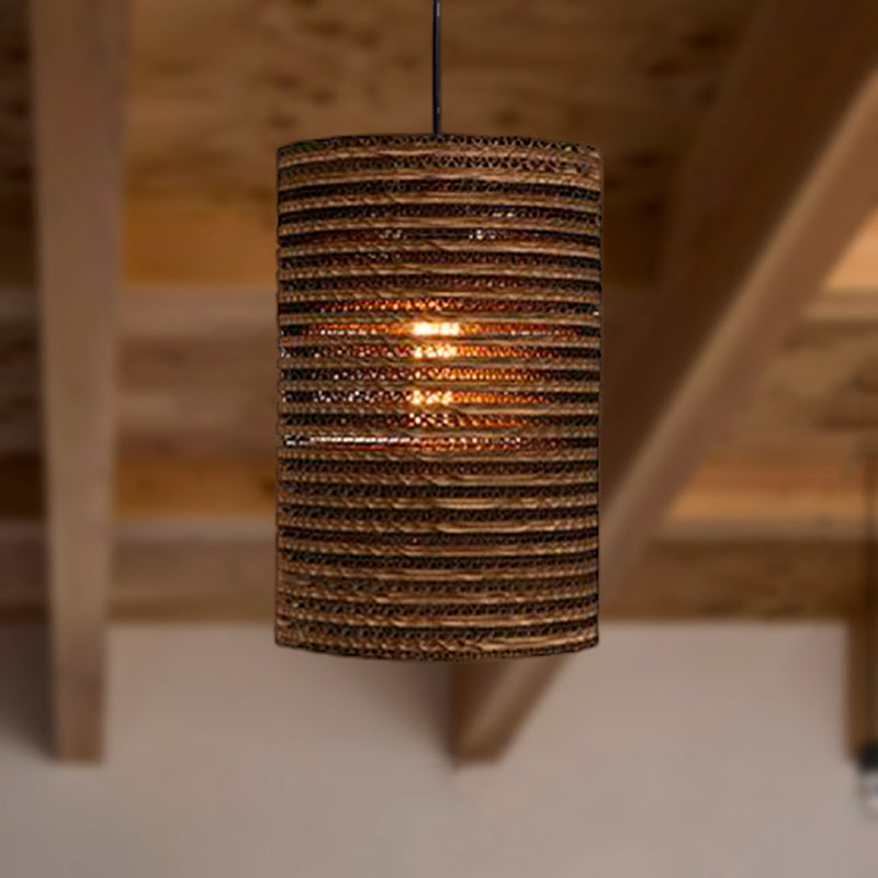 Corrugated Paper Hanging Lamp - Asian Style With High Waist Brown Shade Restaurant Pendant Light