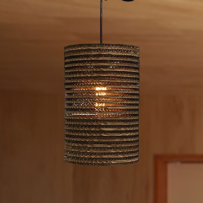Corrugated Paper Hanging Lamp - Asian Style With High Waist Brown Shade Restaurant Pendant Light