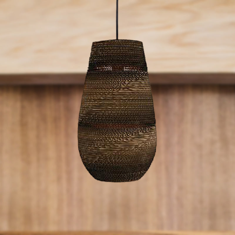 Corrugated Paper Hanging Lamp - Asian Style With High Waist Brown Shade Restaurant Pendant Light