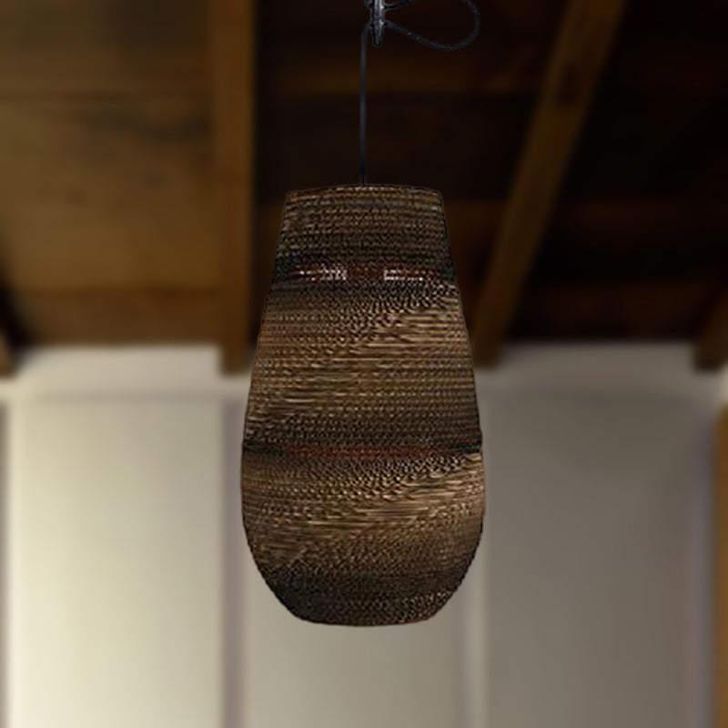 Corrugated Paper Hanging Lamp - Asian Style With High Waist Brown Shade Restaurant Pendant Light