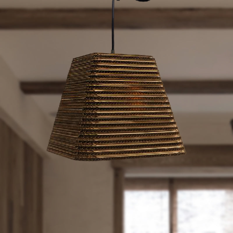 Corrugated Paper Hanging Lamp - Asian Style with Brown High Waist Shade - Restaurant Pendant Light