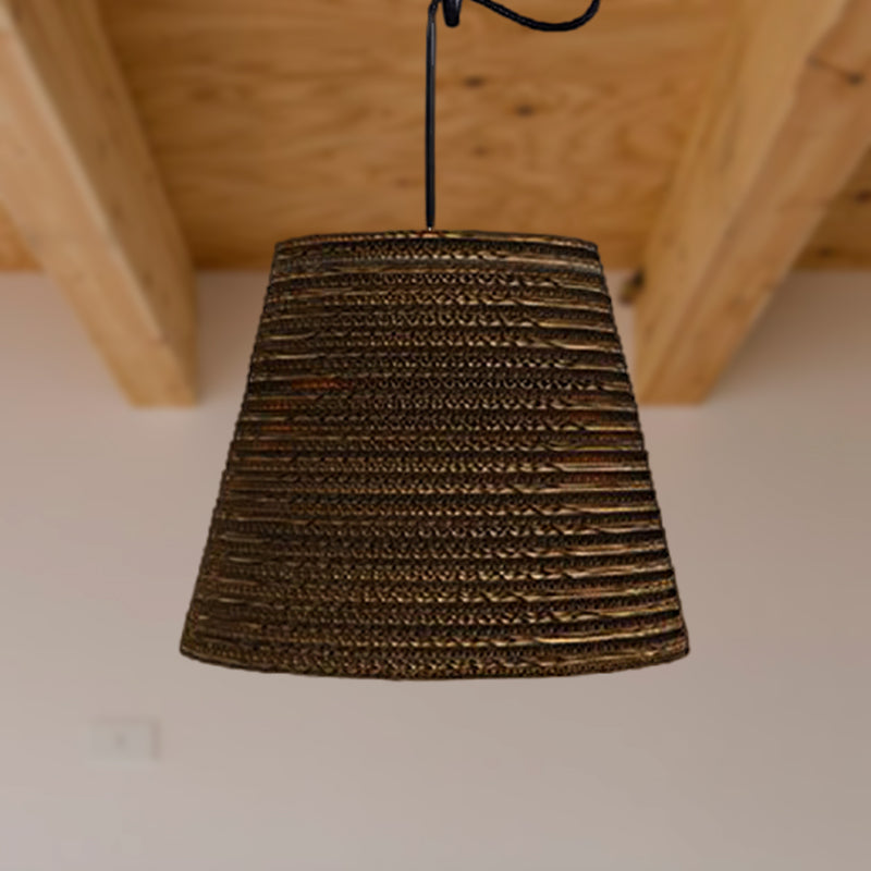 Corrugated Paper Hanging Lamp - Asian Style With High Waist Brown Shade Restaurant Pendant Light