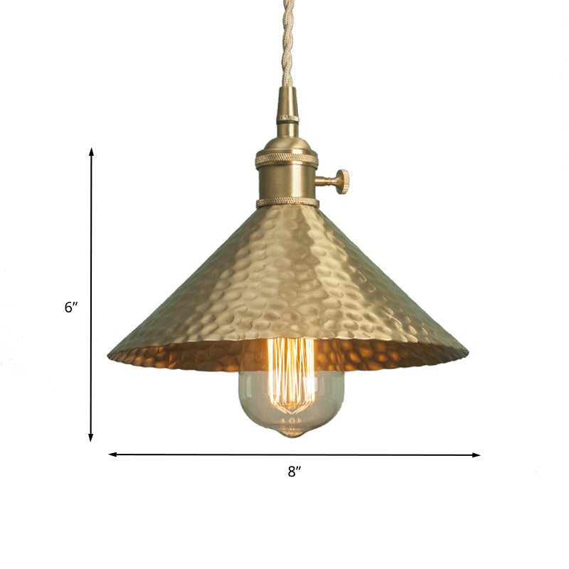 Vintage Suspension Pendant Light with Metallic Brass/Gold Finish - 7"/8.5" Conical Shade, 1-Light