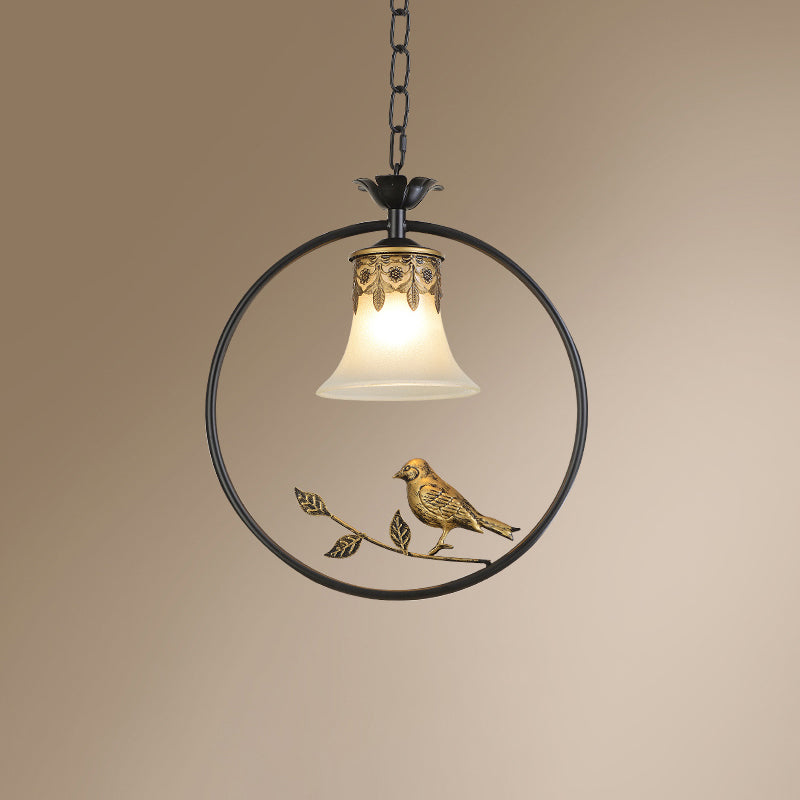 Rustic Flared Pendant Light Fixture With Frosted Glass And Bird Design In Black-Bronze Finish Black