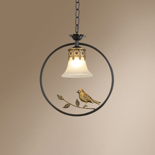 Rustic Flared Pendant Light Fixture With Frosted Glass And Bird Design In Black-Bronze Finish Black