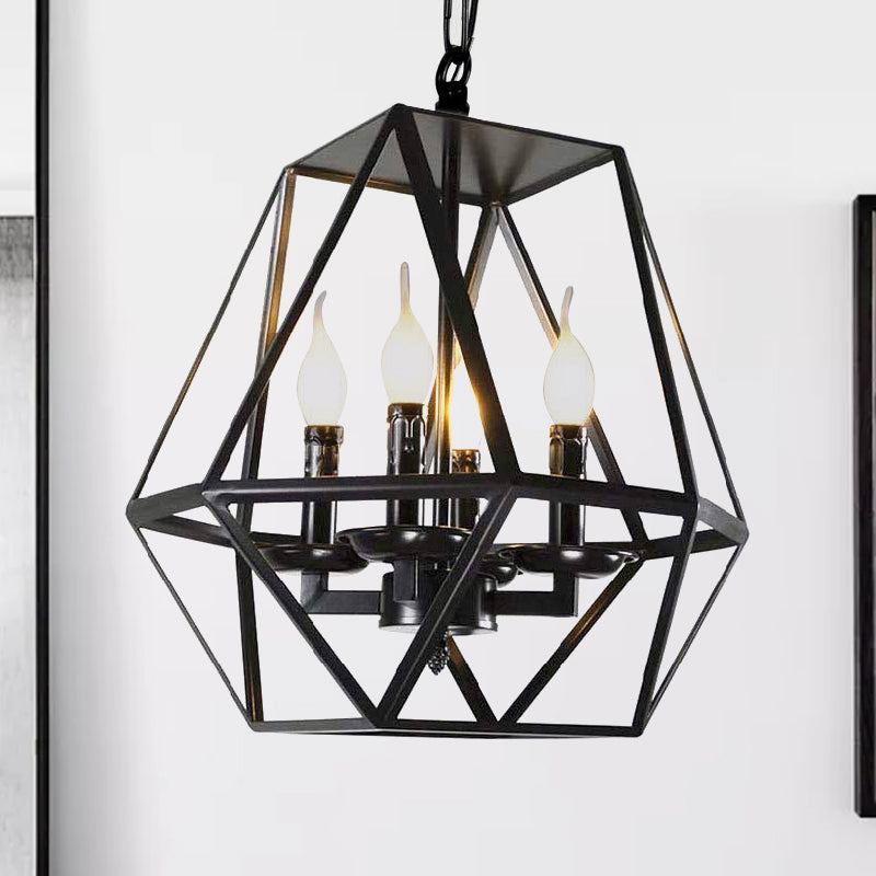 Black Industrial Metal Ceiling Light Fixture with Adjustable Chain - Retro Geometric Cage Chandelier Lamp