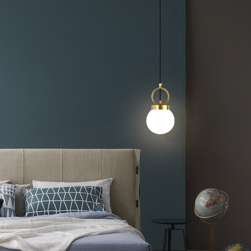 Minimalist Opal Glass Dining Room Pendant Lamp With Gold Ring Top