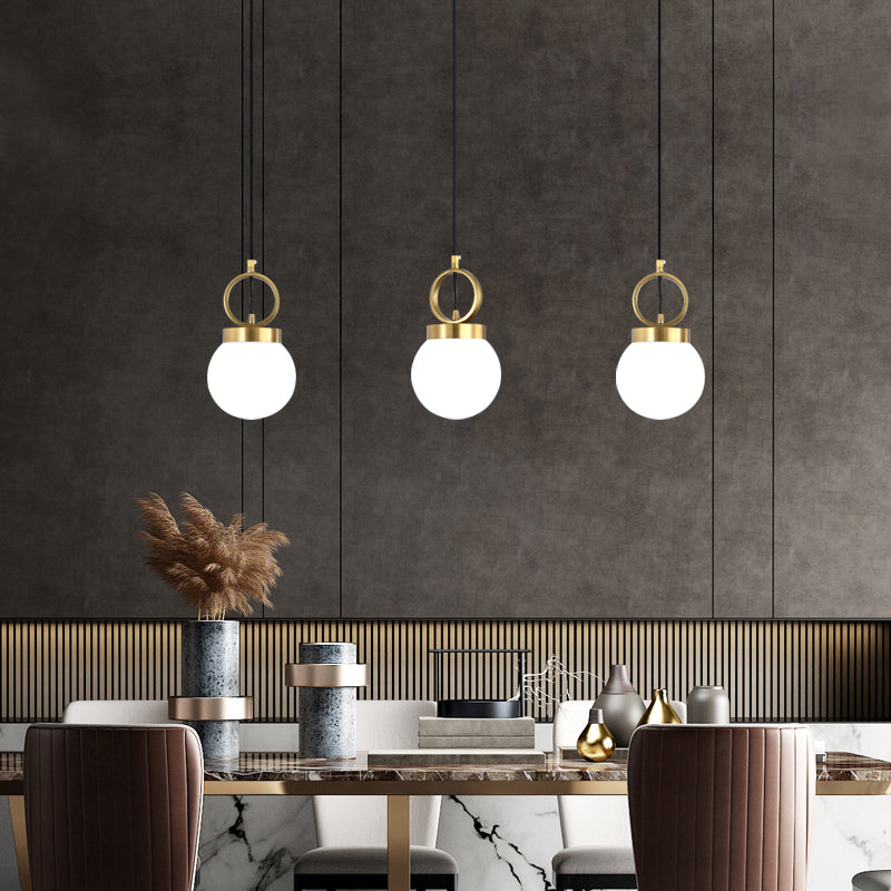 Minimalist Opal Glass Dining Room Pendant Lamp With Gold Ring Top