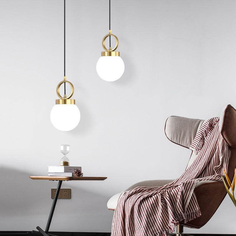 Minimalist Opal Glass Dining Room Pendant Lamp With Gold Ring Top / 6