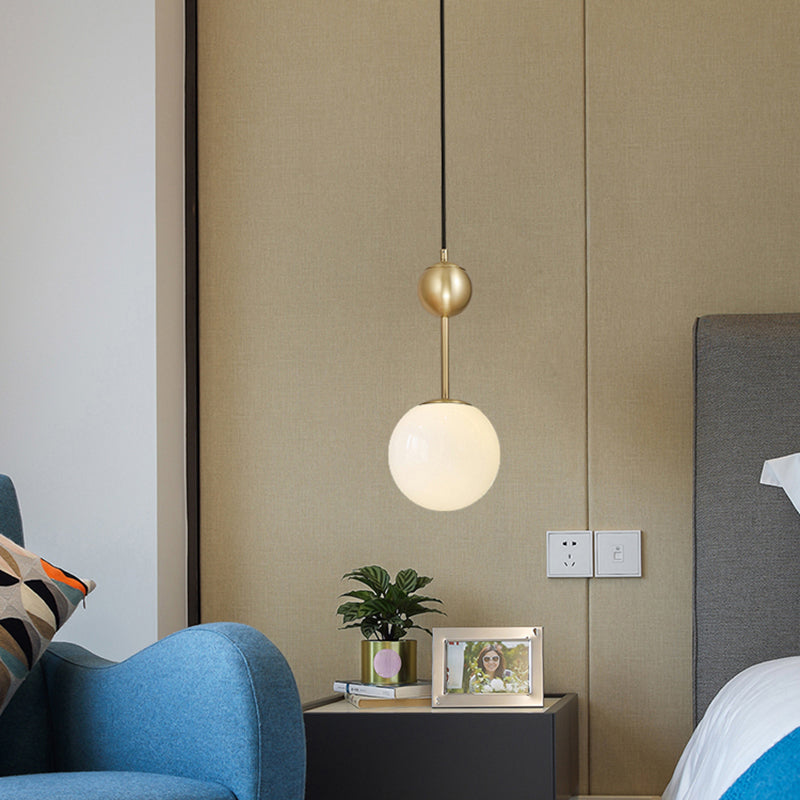 Opaline Glass Minimalist Pendant Ball Bedside Light, Brass Suspension - 1-Light