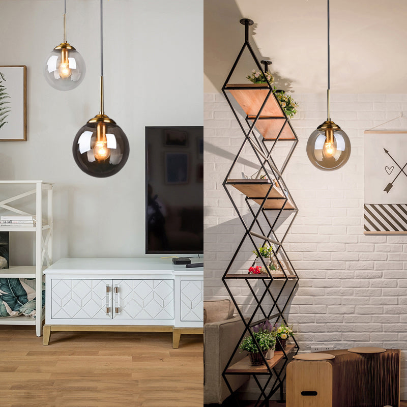 Brass Bedside Pendant Light: Postmodern Blown Glass Sphere | 1-Bulb Hanging Ceiling Fixture