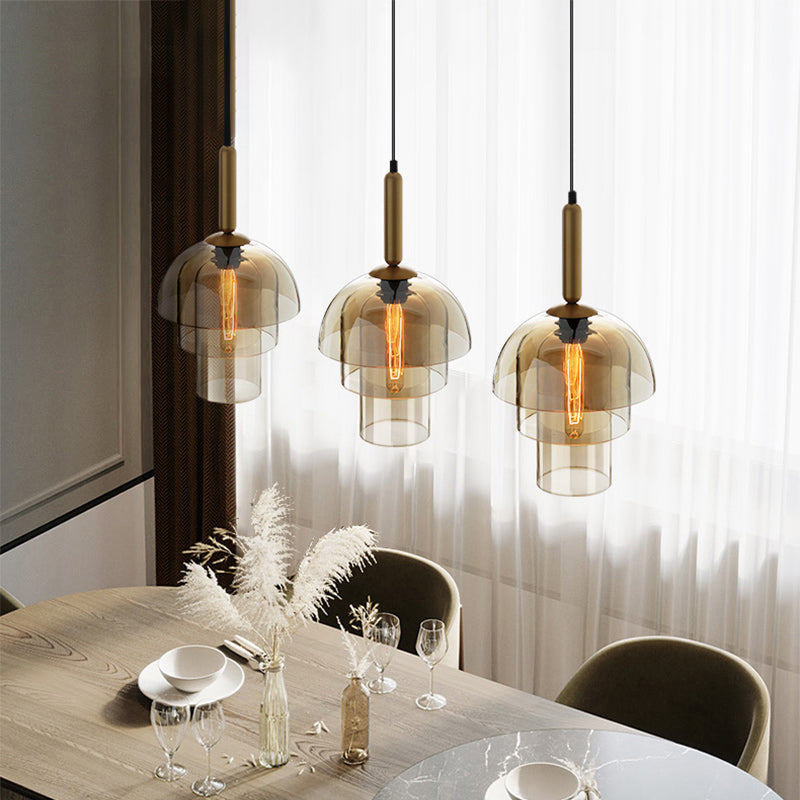 Postmodern Cognac Glass Pendant Light Fixture - Brass, 3-Shade, 1 Bulb - Ideal for Dining Room Hanging