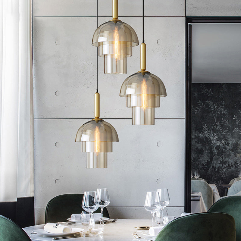 Postmodern Cognac Glass Pendant Light Fixture - Brass, 3-Shade, 1 Bulb - Ideal for Dining Room Hanging
