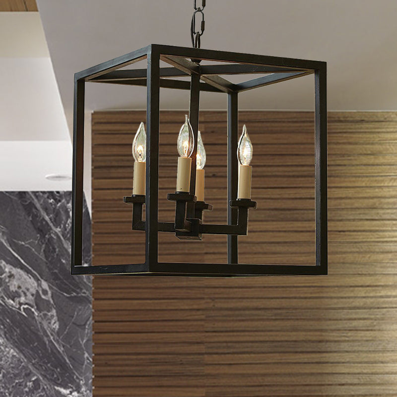 Vintage 4-Light Cubic Chandelier With Cage Shade - Small Black Metal Hanging Lamp For Bathroom