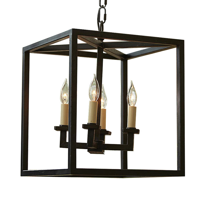 Vintage 4-Light Cubic Chandelier With Cage Shade - Small Black Metal Hanging Lamp For Bathroom