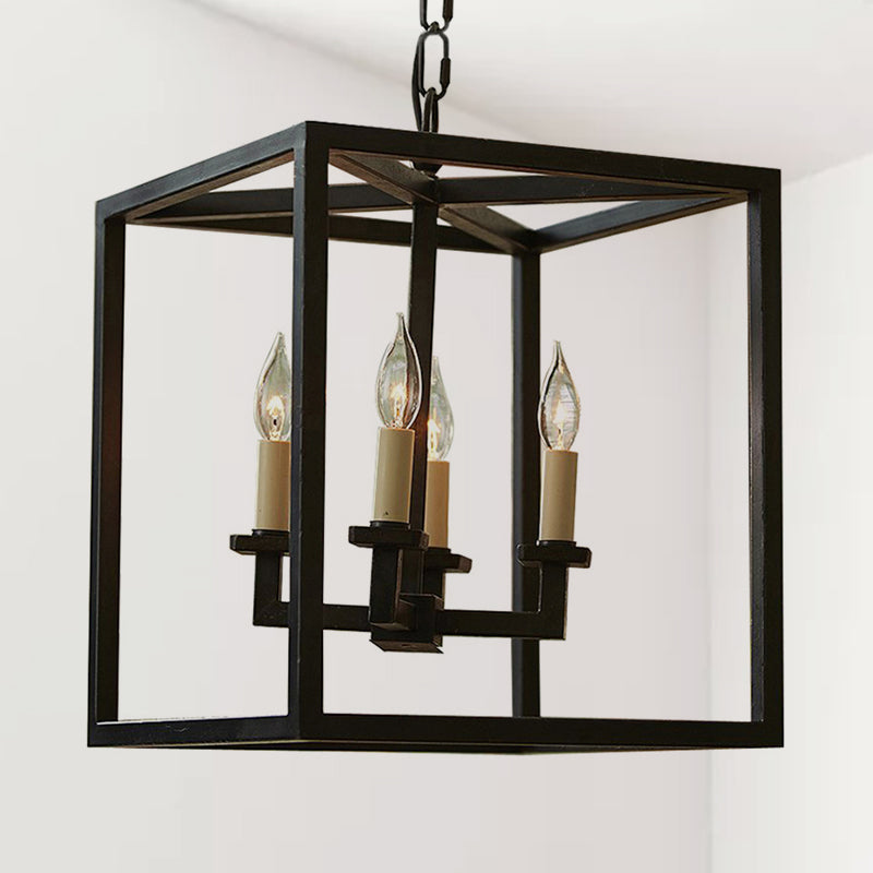 Vintage 4-Light Cubic Chandelier With Cage Shade - Small Black Metal Hanging Lamp For Bathroom
