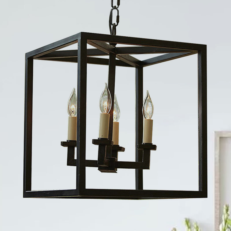 Vintage 4-Light Cubic Chandelier With Cage Shade - Small Black Metal Hanging Lamp For Bathroom