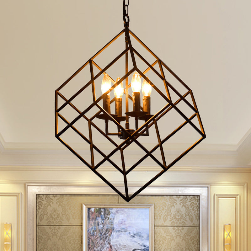 Rustic Iron Chandelier Pendant with 4 Lights - Vintage Loft Hanging Lamp for Restaurants, Cubic Cage Design in Black