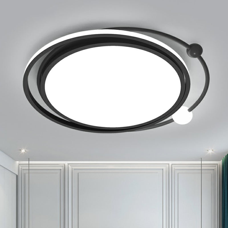 Modern Black Flush Mount LED Bedroom Light - Simple Round Ceiling Fixture with Acrylic Planetary Orbit Design