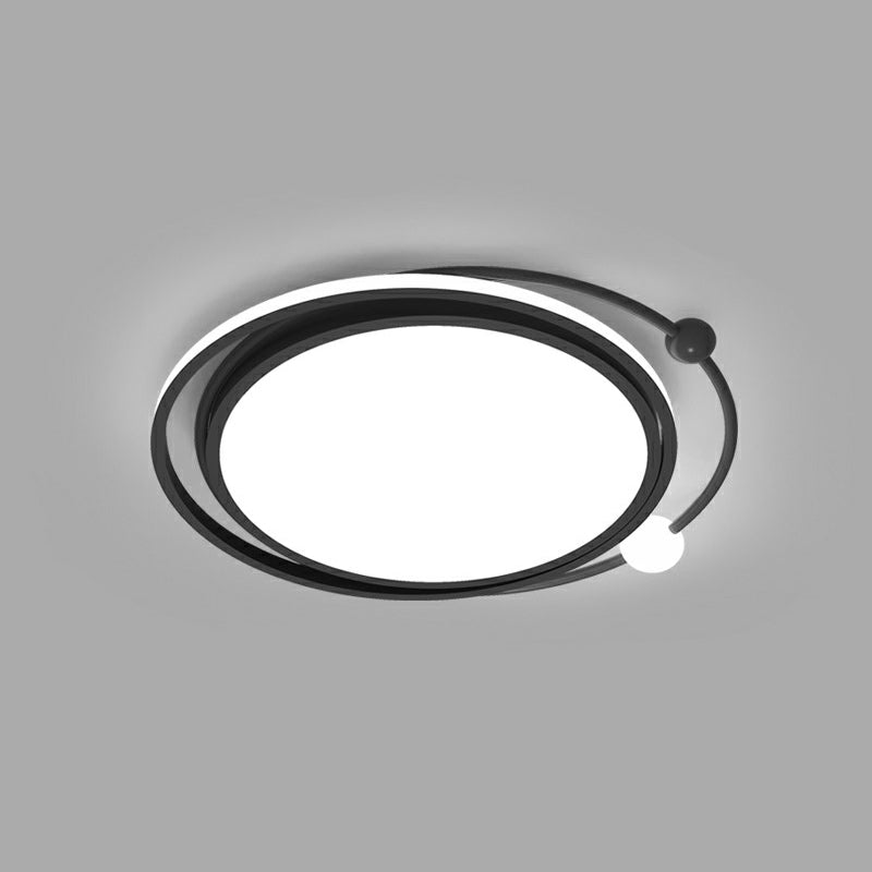 Modern Black Flush Mount LED Bedroom Light - Simple Round Ceiling Fixture with Acrylic Planetary Orbit Design