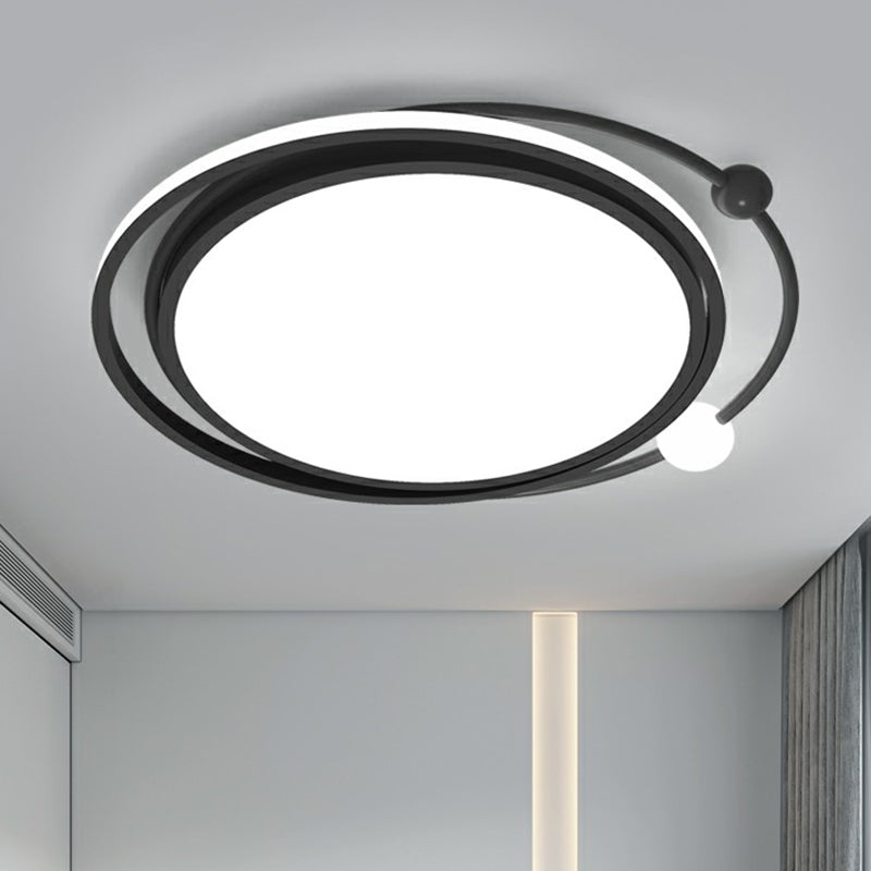 Modern Black Flush Mount LED Bedroom Light - Simple Round Ceiling Fixture with Acrylic Planetary Orbit Design