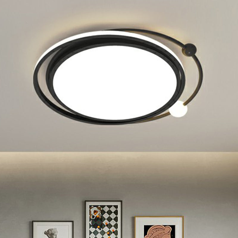 Modern Black Flush Mount LED Bedroom Light - Simple Round Ceiling Fixture with Acrylic Planetary Orbit Design