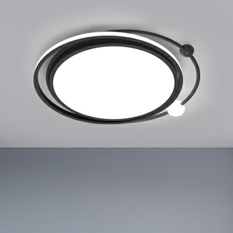 Modern Black Flush Mount LED Bedroom Light - Simple Round Ceiling Fixture with Acrylic Planetary Orbit Design