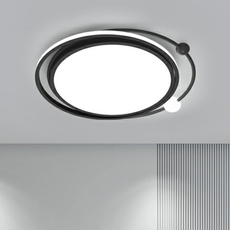 Modern Black Flush Mount LED Bedroom Light - Simple Round Ceiling Fixture with Acrylic Planetary Orbit Design