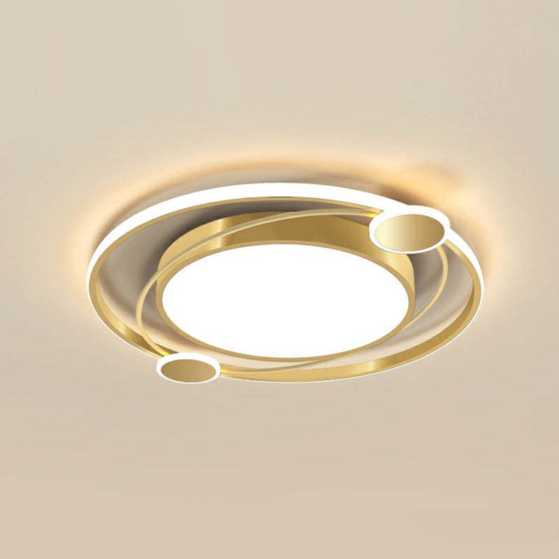 Gold Finish LED Ceiling Mount Lamp - Metal Circular Flush Light for Bedroom