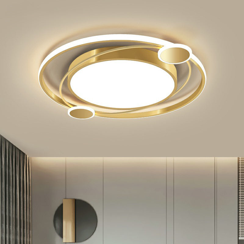Gold Finish LED Ceiling Mount Lamp - Metal Circular Flush Light for Bedroom