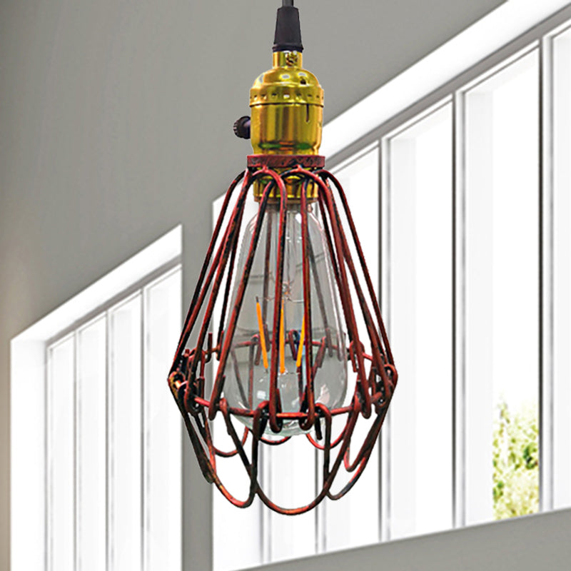 Farmhouse Style Metal Wire Frame Pendant Light - 1-Light Living Room Hanging Lamp in Aged Silver/Antique Copper