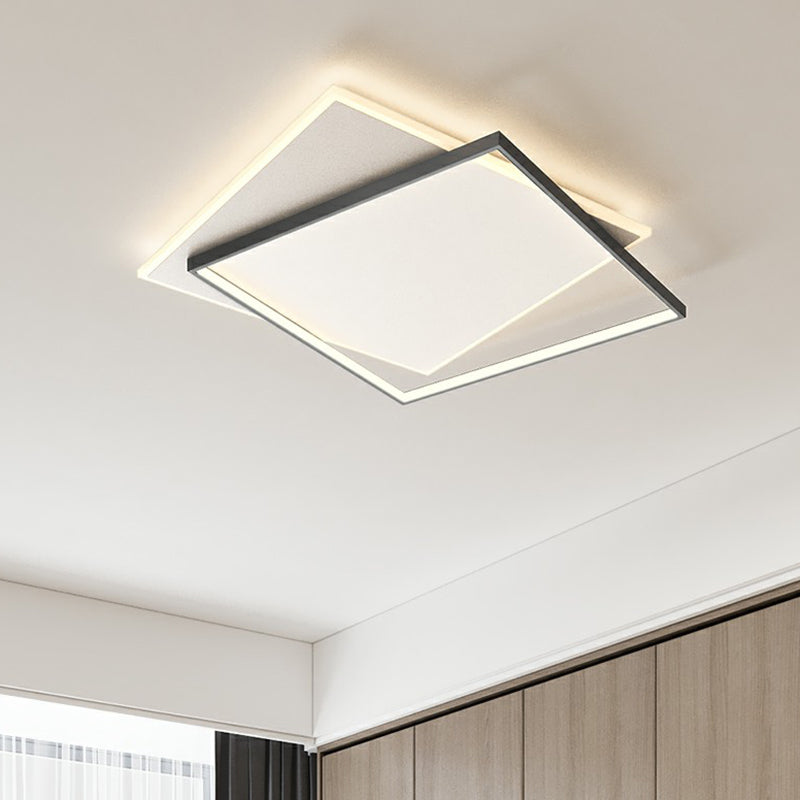Sleek Black Square Flush Mount Led Ceiling Light Fixture For Metallic Living Room Décor / 21 Remote
