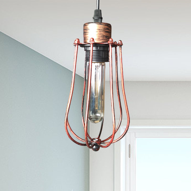Wrought Iron Caged Pendant Light Rustic Industrial - Coffee Shop Suspension In Aged Silver/Copper