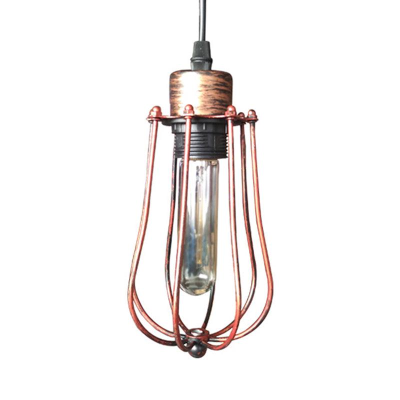 Wrought Iron Caged Pendant Light Rustic Industrial - Coffee Shop Suspension In Aged Silver/Copper