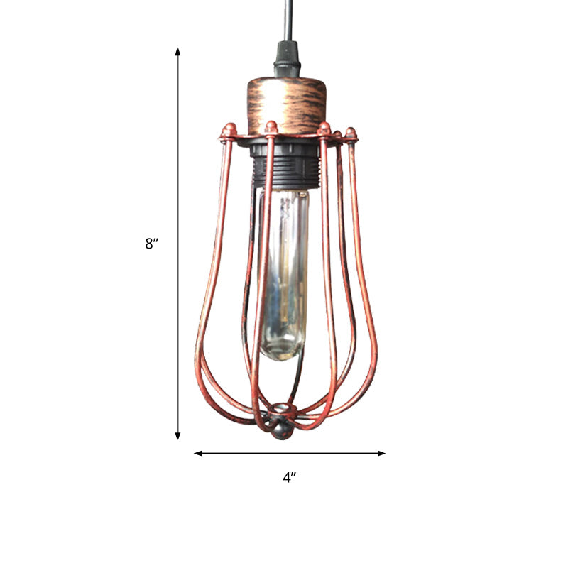 Wrought Iron Caged Pendant Light Rustic Industrial - Coffee Shop Suspension In Aged Silver/Copper