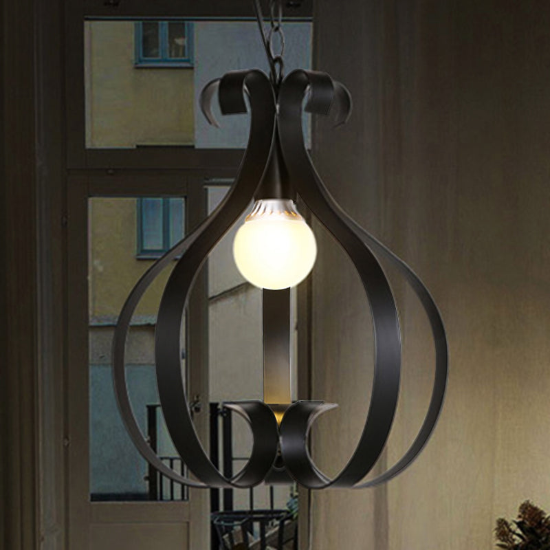 Gourd Cage Pendant Light - 1-Head Ceiling Lamp in Metallic Black or White for Industrial Living Spaces