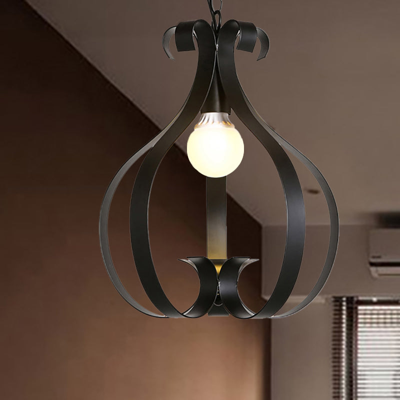 Industrial Gourd Cage Pendant Light - Metallic 1-Head Ceiling Hanging Lamp In Black/White For Living