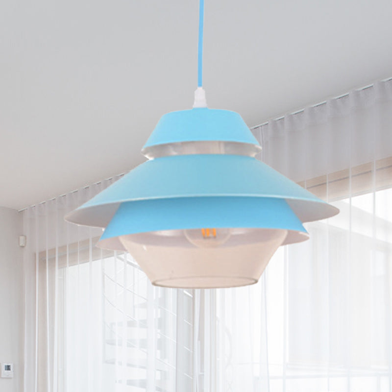 Stylish Macaron Pendant Light In Blue/Green For Living Room - 1 Metallic Hanging Ceiling Lamp Blue