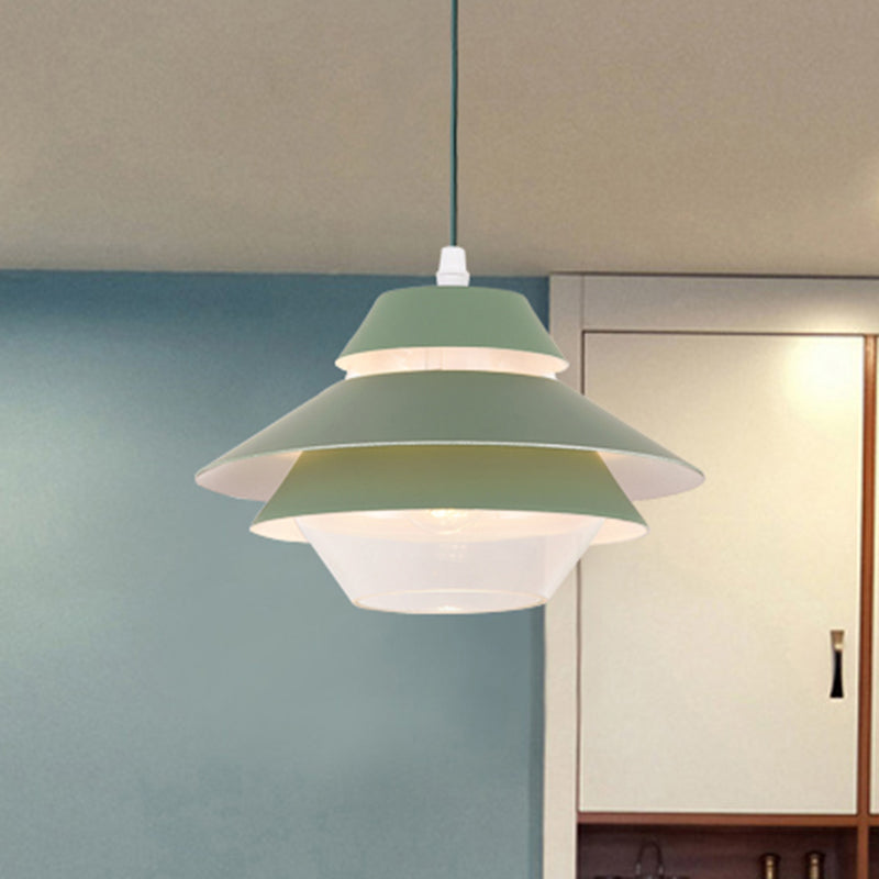 Stylish Macaron Pendant Light In Blue/Green For Living Room - 1 Metallic Hanging Ceiling Lamp