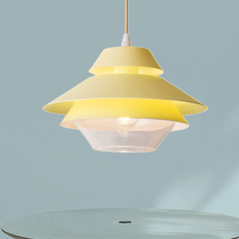 Stylish Macaron Pendant Light In Blue/Green For Living Room - 1 Metallic Hanging Ceiling Lamp Yellow