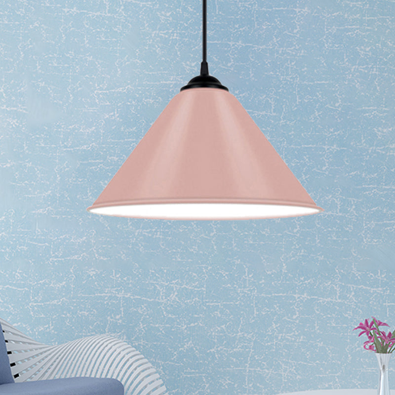 Modern Metal Cone Hanging Light, 1-Light Pink/Yellow/Green Pendant Light, 12"/14"/16" Dia
