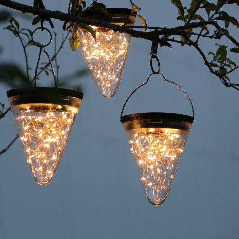Black Conical Outdoor Solar Hanging Lamp With Clear Glass And Led Suspension Light