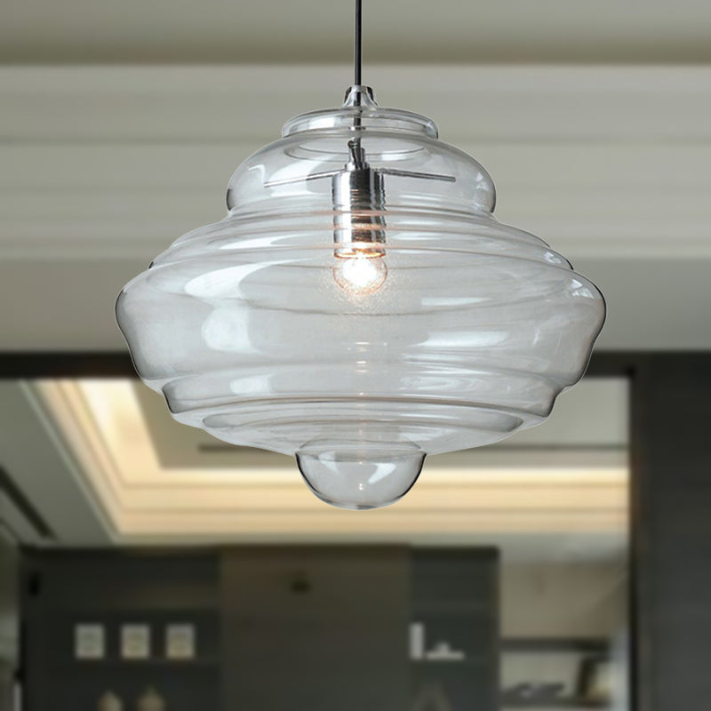 Modern Spool/Bell Pendant Light With Clear/Blue Ruffle Glass: Stylish Ceiling Lighting For Bedrooms