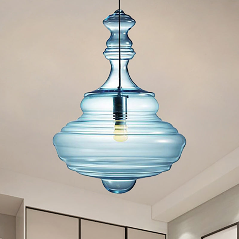 Modern Spool/Bell Pendant Light With Clear/Blue Ruffle Glass: Stylish Ceiling Lighting For Bedrooms
