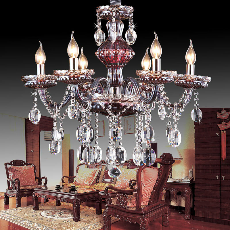 Traditional 6-Light Crystal Chandelier: Clear-Red Hanging Fixture For Living Room