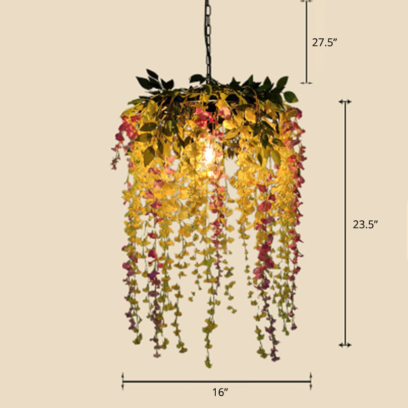 Rustic Metal Pendant Light Fixture With Circle Design And Faux Flower & Leaf Accents Green-Yellow