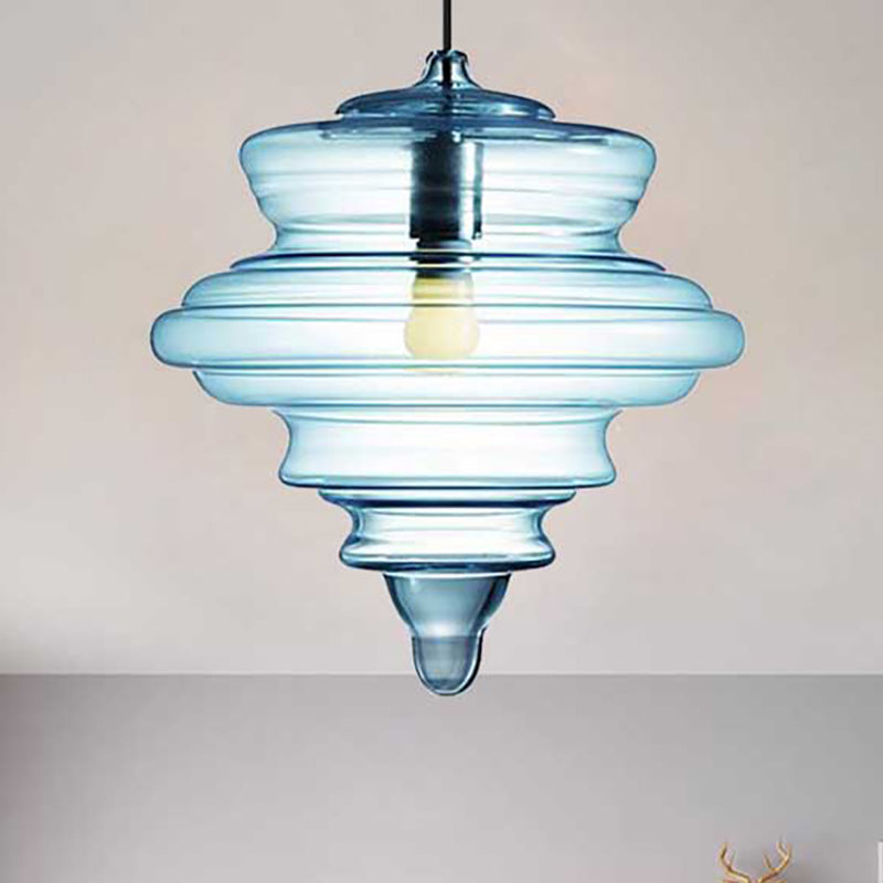 Modern Spool/Bell Pendant Light With Clear/Blue Ruffle Glass: Stylish Ceiling Lighting For Bedrooms
